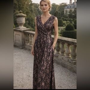 Tahari Arthur S. Levine Black Floral Lace Gown Champagne Lining Size 12